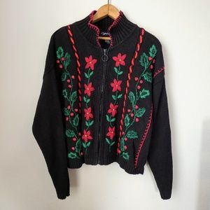 Christmas Zip-up Sweater- Red Floral Poinsettias